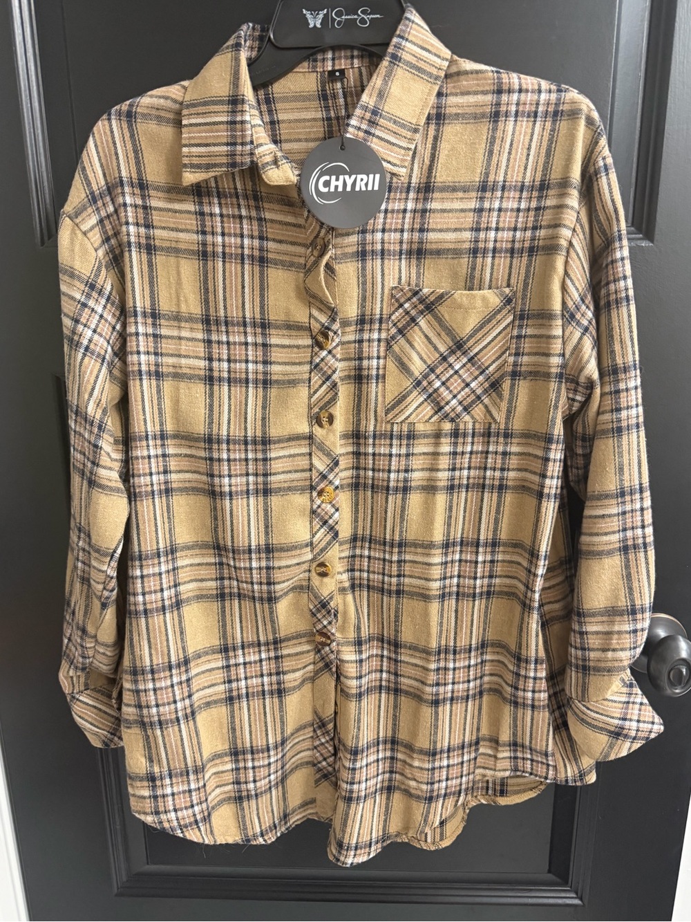 NWT CHYRII Camel Plaid Button Down Flannel Shirt Size S
